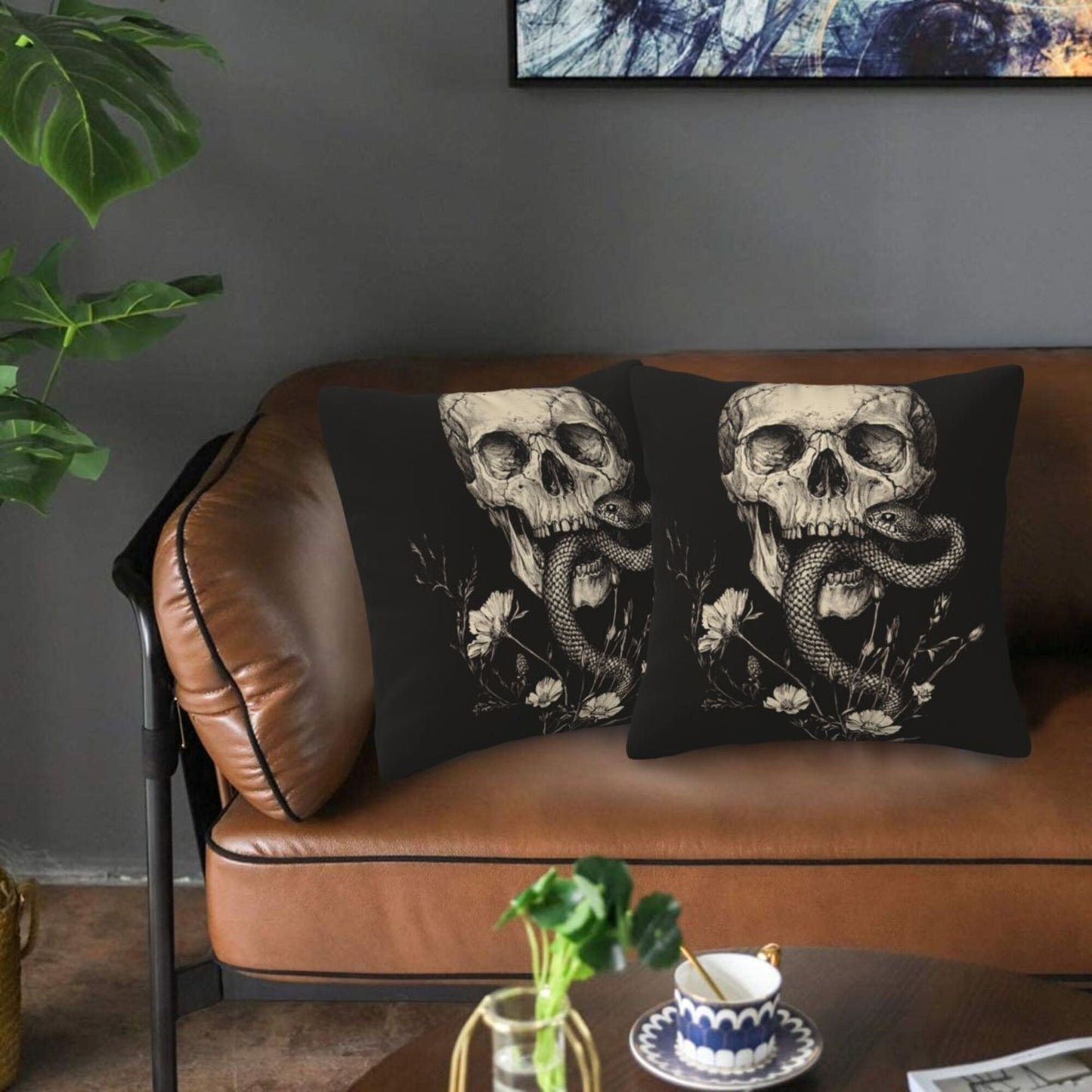 16"x16" Gothic Skull & Snake Pillow Covers (Set of 2)|Dark Ink-Style Illustration|Halloween or Alternative Decor|Removable & Washable