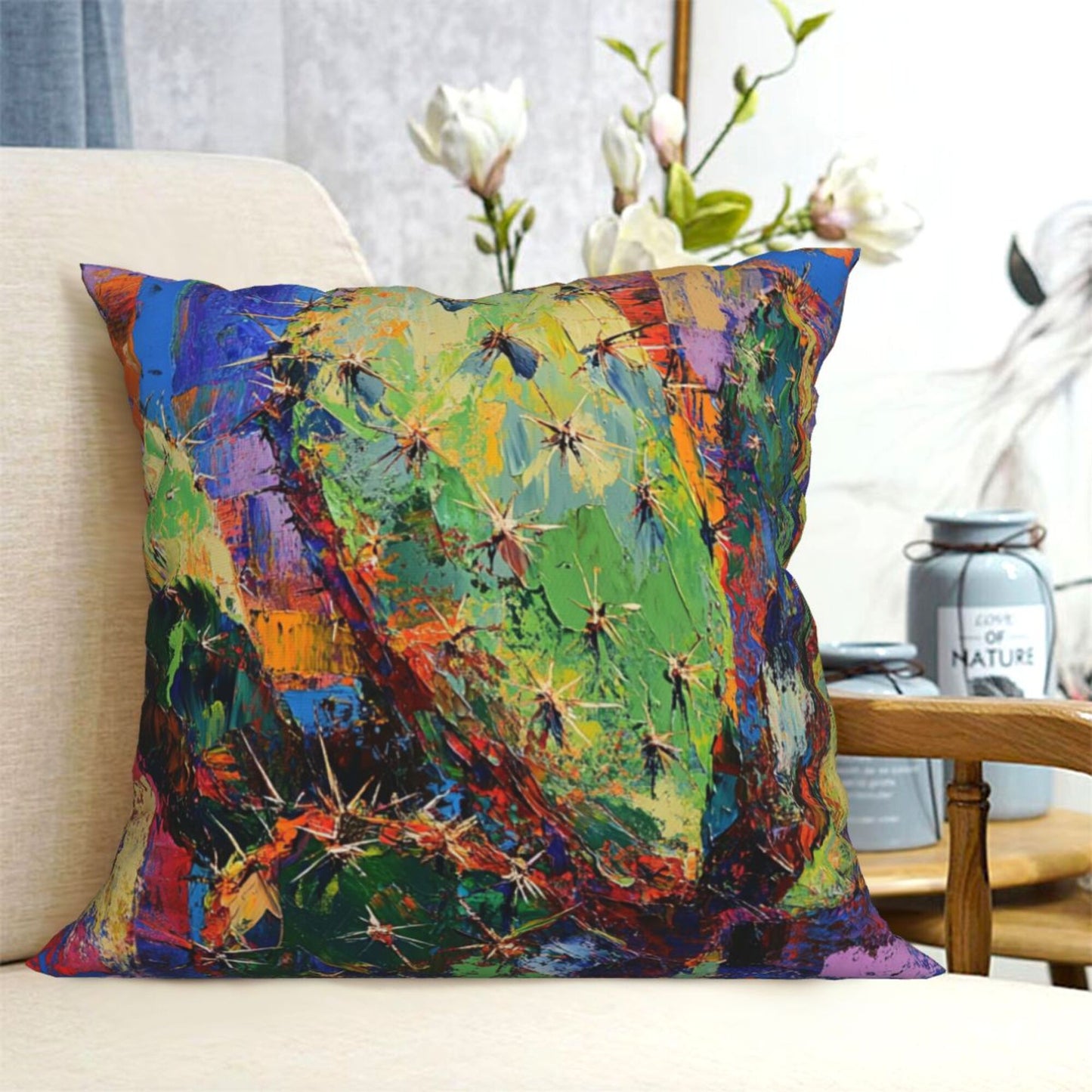 Colorful Abstract Cactus Art Throw Pillow Cover｜16"x16" Square Cushion Case｜Modern Painting Style｜Removable Decorative Pillowcase