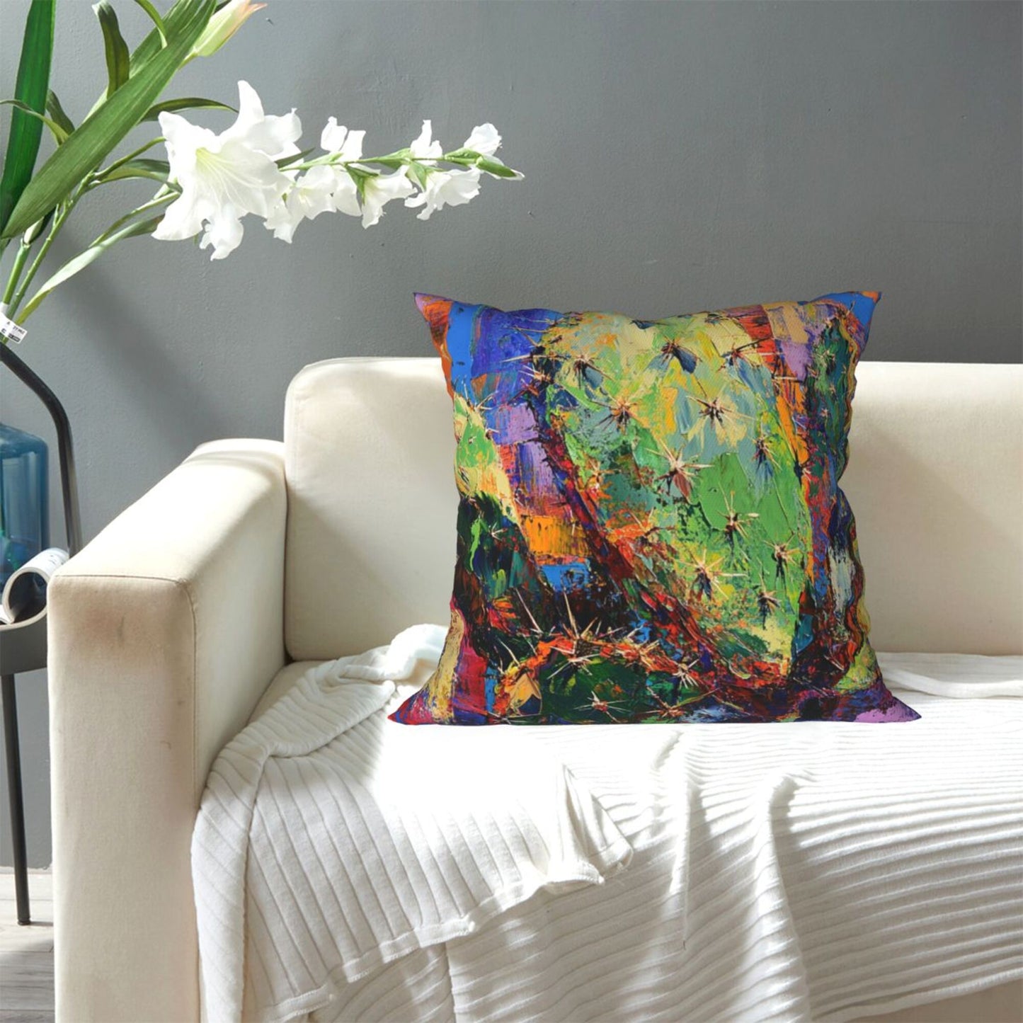 Colorful Abstract Cactus Art Throw Pillow Cover｜16"x16" Square Cushion Case｜Modern Painting Style｜Removable Decorative Pillowcase