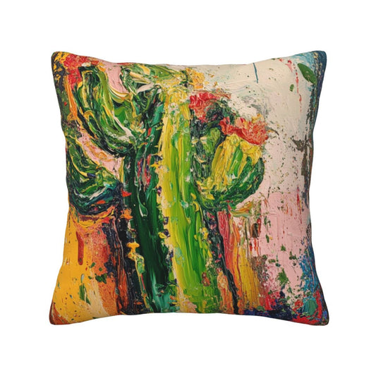 Abstract Impasto Cactus Art Throw Pillow Cover｜16"x16" Square Cushion Case｜Bold Oil Painting Style｜Removable Decorative Pillowcase