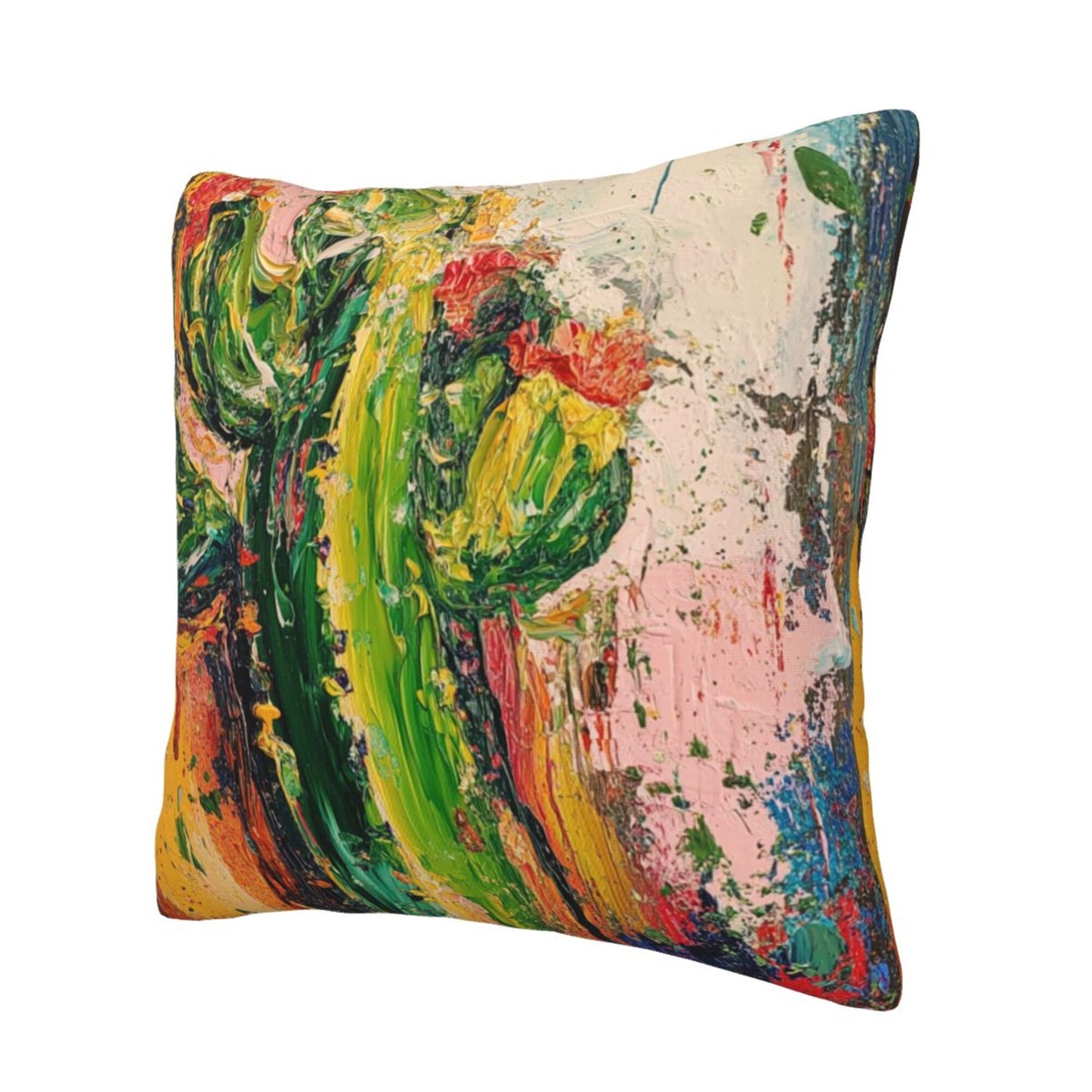 Abstract Impasto Cactus Art Throw Pillow Cover｜16"x16" Square Cushion Case｜Bold Oil Painting Style｜Removable Decorative Pillowcase