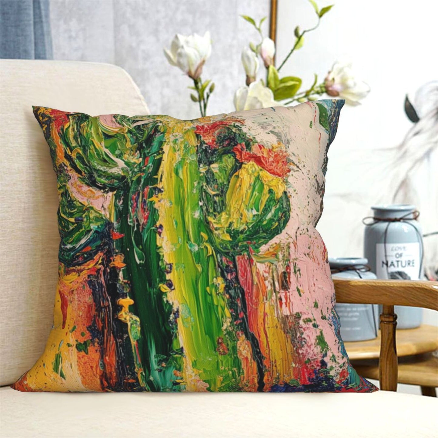 Abstract Impasto Cactus Art Throw Pillow Cover｜16"x16" Square Cushion Case｜Bold Oil Painting Style｜Removable Decorative Pillowcase