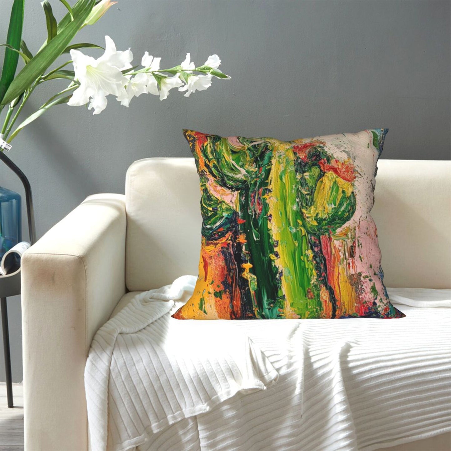 Abstract Impasto Cactus Art Throw Pillow Cover｜16"x16" Square Cushion Case｜Bold Oil Painting Style｜Removable Decorative Pillowcase