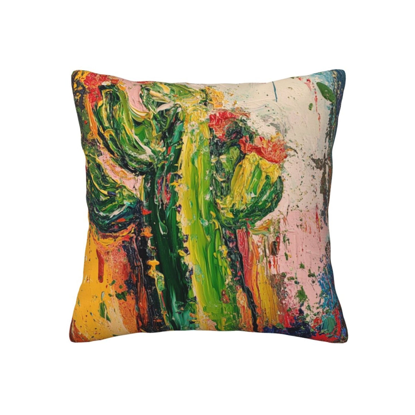 Abstract Impasto Cactus Art Throw Pillow Cover｜16"x16" Square Cushion Case｜Bold Oil Painting Style｜Removable Decorative Pillowcase