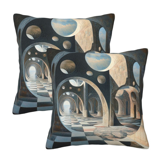 16"x16" Surreal Geometric Space Pillow Covers (Set of 2)｜3D Architecture & Chessboard Design｜Abstract Throw Cushion Covers｜Washable Modern Home Decor