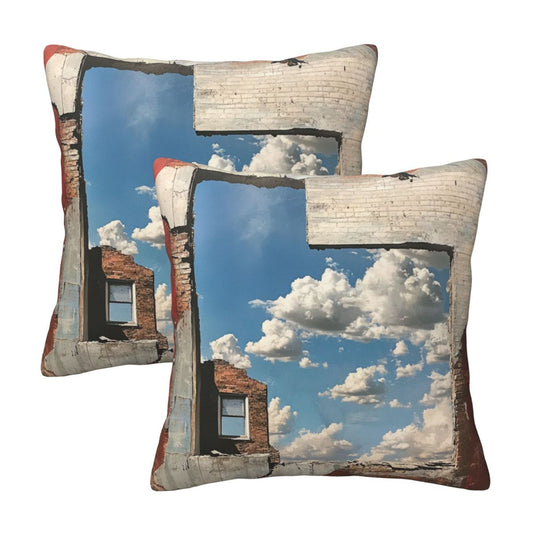 16"x16" Urban Ruin Window View Pillow Covers (Set of 2)｜Blue Sky & Brick Wall Print｜Industrial Photography Throw Cushion Covers｜Removable & Washable