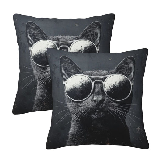 16"x16" Cool Cat with Sunglasses Pillow Covers (Set of 2)｜Black & White Graphic Throw Cushion Covers｜Trendy Cat Lover Home Decor｜Removable & Washable