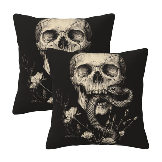 16"x16" Gothic Skull & Snake Pillow Covers (Set of 2)｜Dark Ink-Style Illustration｜Halloween or Alternative Decor｜Removable & Washable