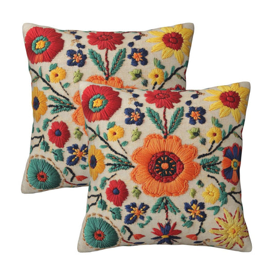 16"x16" Colorful Embroidered Floral Pillow Covers (Set of 2)｜Boho Folk Art Style｜Vintage Decorative Throw Cushion Covers｜Removable & Washable