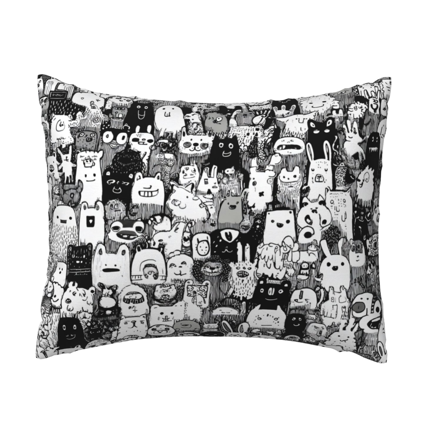 Cartoon Doodle Throw Pillow Cover｜20x16in Black & White Character Art Cushion Case｜Removable Modern Accent Pillowcase