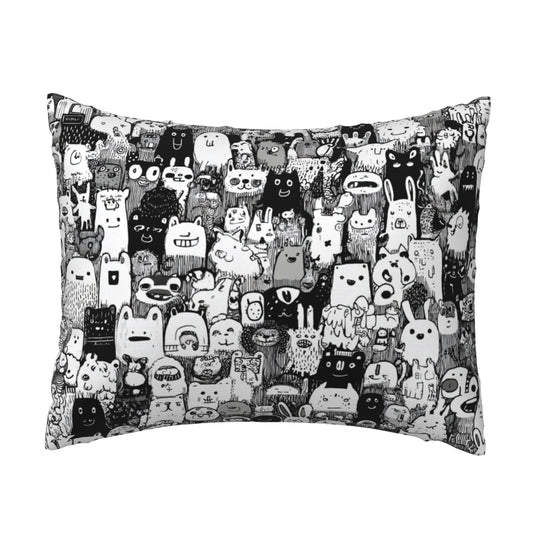 Cartoon Doodle Throw Pillow Cover｜20x16in Black & White Character Art Cushion Case｜Removable Modern Accent Pillowcase