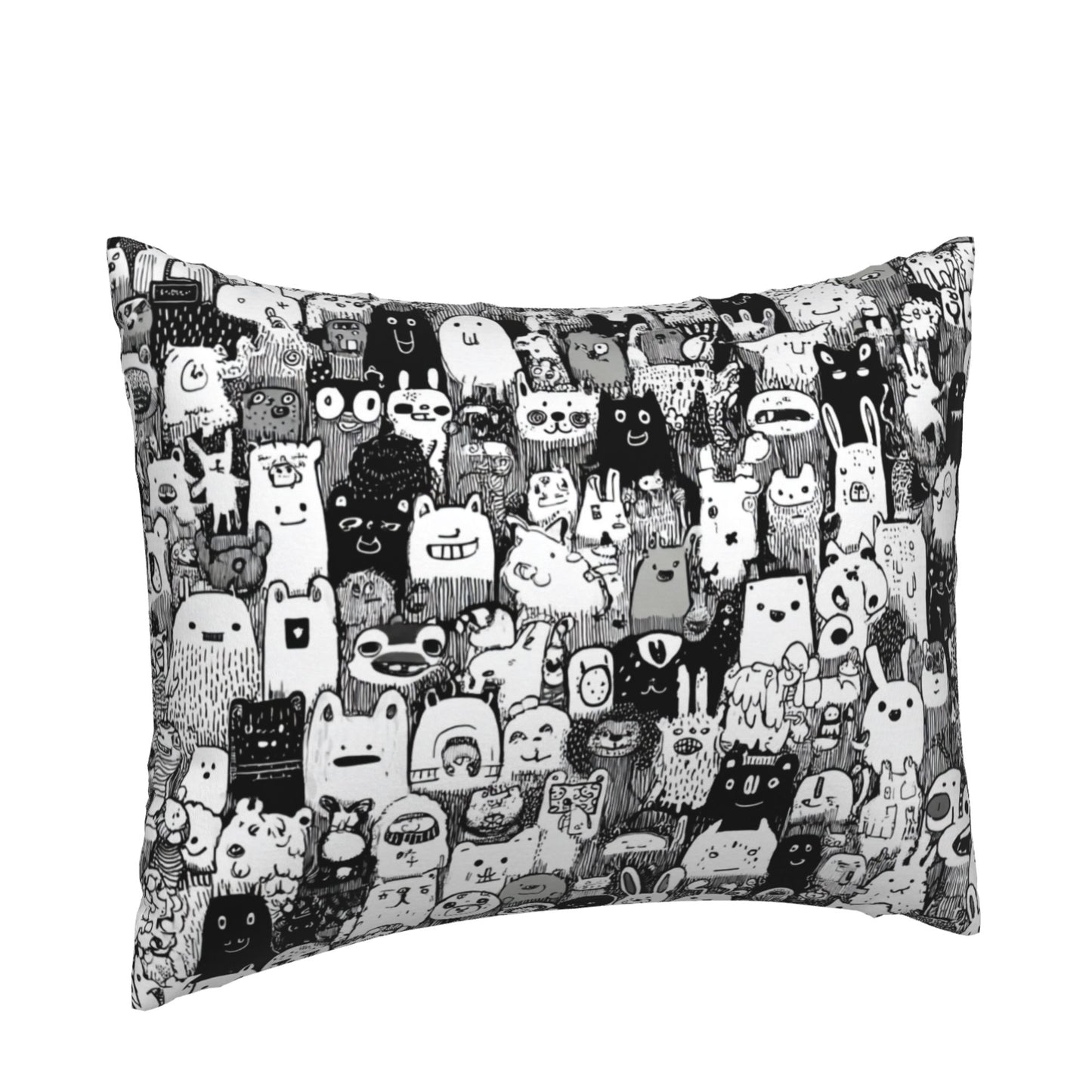 Cartoon Doodle Throw Pillow Cover｜20x16in Black & White Character Art Cushion Case｜Removable Modern Accent Pillowcase