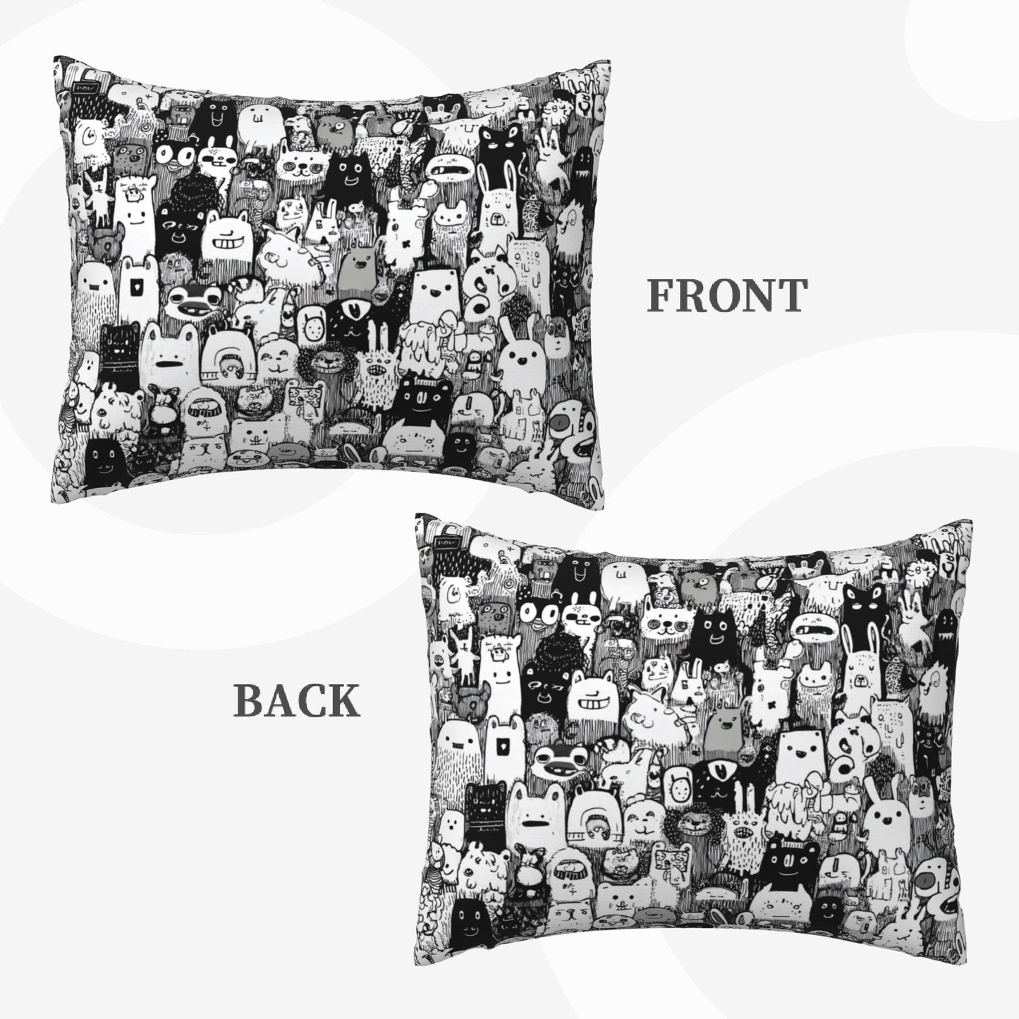 Cartoon Doodle Throw Pillow Cover｜20x16in Black & White Character Art Cushion Case｜Removable Modern Accent Pillowcase