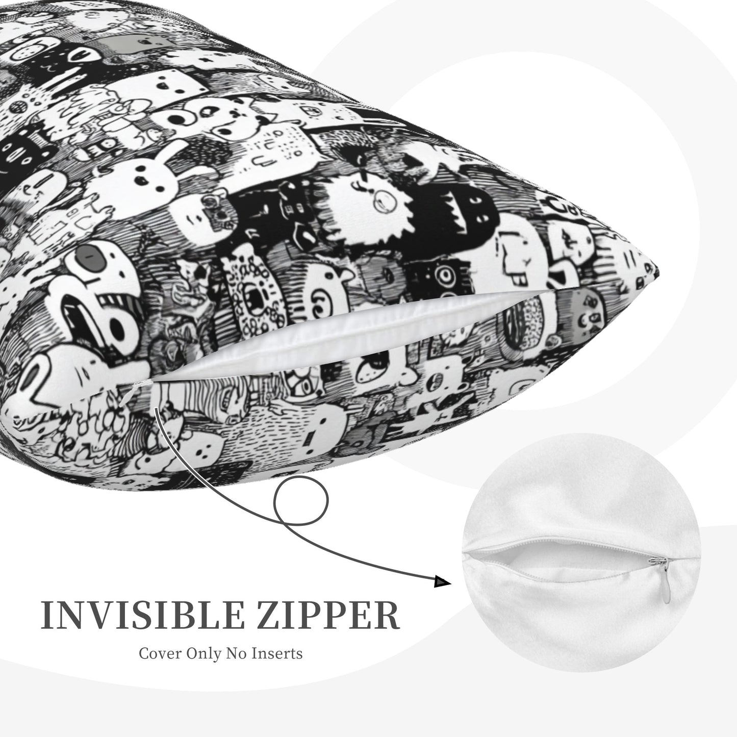 Cartoon Doodle Throw Pillow Cover｜20x16in Black & White Character Art Cushion Case｜Removable Modern Accent Pillowcase