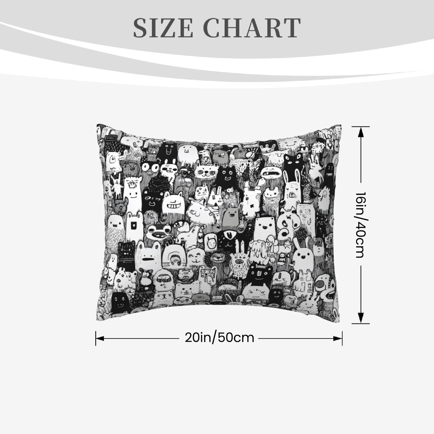 Cartoon Doodle Throw Pillow Cover｜20x16in Black & White Character Art Cushion Case｜Removable Modern Accent Pillowcase