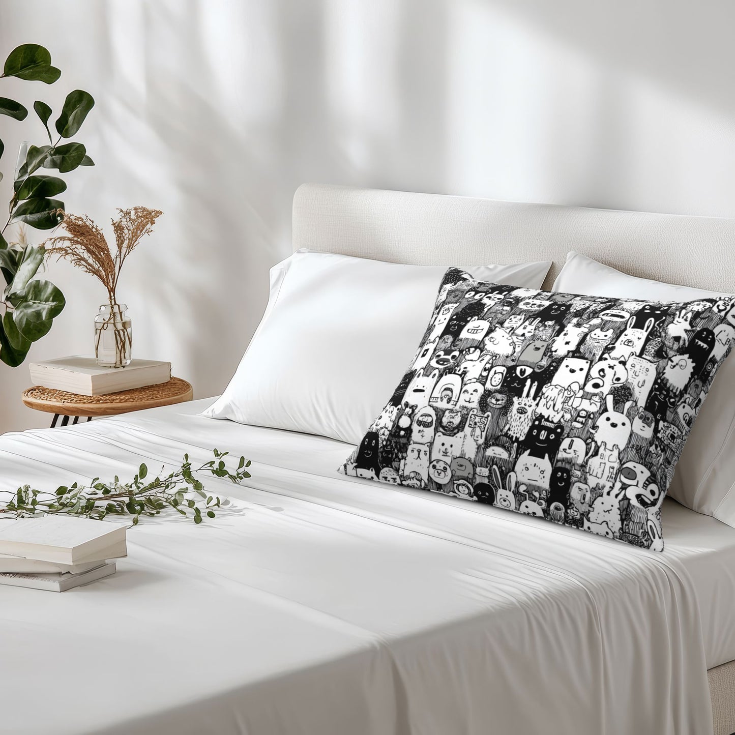 Cartoon Doodle Throw Pillow Cover｜20x16in Black & White Character Art Cushion Case｜Removable Modern Accent Pillowcase