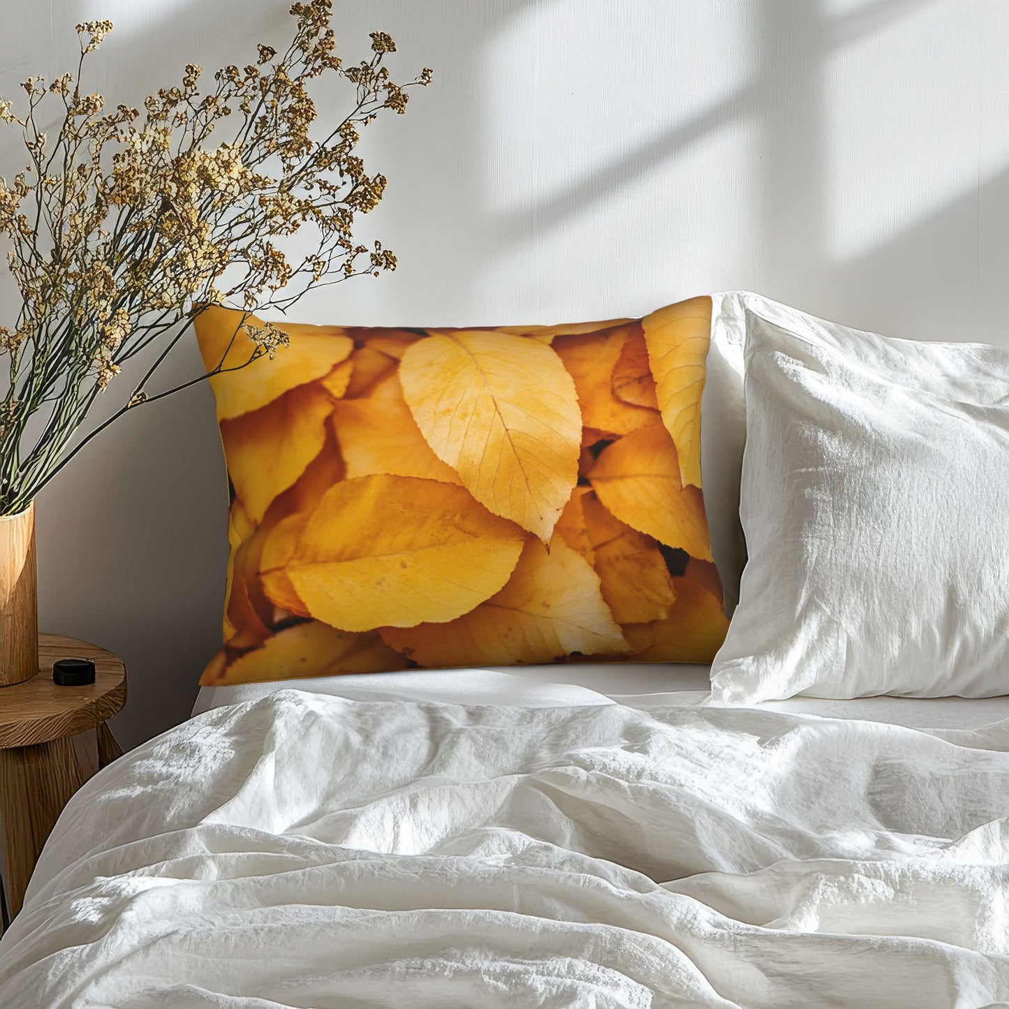 Autumn Golden Leaf Print Pillow Cover｜20x16in Seasonal Decorative Cushion Case｜Fall Nature Theme Sofa or Bed Pillowcase